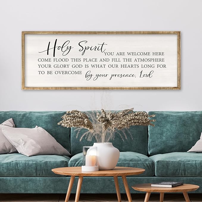 Holy Spirit You are Welcome Here Wall Decor Art 40x15 Inch Large Christian Song Bible Verse Plaque Wood Framed Sign Living Room Scripture Quote Religious For Office Wall Hanging (Wood)