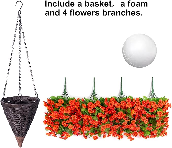 Artificial Fake Hanging Flowers Plants Baskets for Outdoor Fall Decoration, Faux Silk Orange Morning Glory in Planter UV Resistant Look Real for Home Porch Patio Balcony Yard Decor