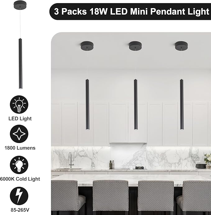 3 Light Mini Pendant Lighting Modern Pendant Light, LED Modern Pendant Light Fixtures Mini Ceiling Hanging Lights for Kitchen Island Dining Room Bar Living Room 6000K 3-Pack Black