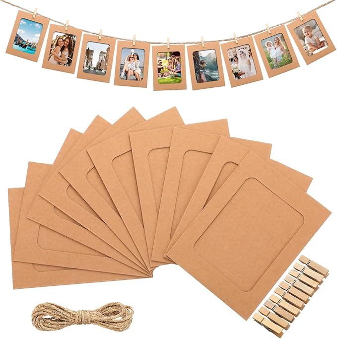 Janlaugh 100 Pcs Paper Photo Frames 4x6 Kraft Paper Picture Frame with 100 Clip 10 String Kit DIY Hanging Cardboard Photo Holder Back to School Wall Decor Wedding Home