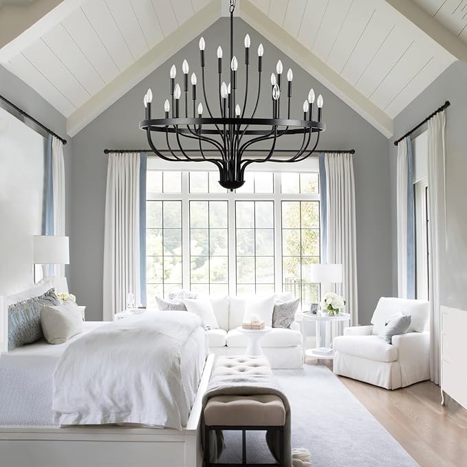Black Chandelier 24-Light Industrial Iron Candle Chandelier Modern Suspended Farmhouse Chandeliers Pendant Light Fixtures for Dining Room Bedroom Living Room Kitchen Island Foyer E12 Bulb