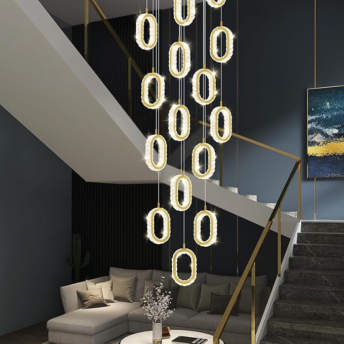 Large Crystal Chandeliers for Stairs Long Spiral Chandelier for High Ceilings LED Crystal Ring Chandelier Dimmable 2700K-6000K 16-Light Gold
