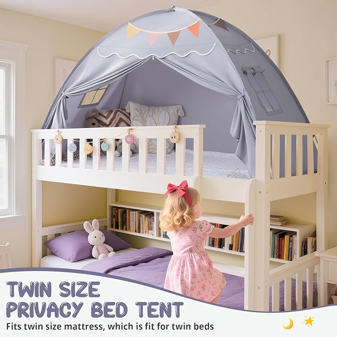 Sumbababy Toddler Bed Tent Canopy: Lights & Flags Indoor Floor Bed Kids Tent Playhouse - Foldable Twin Bunk Bed Curtains - Girls & Boys Bedroom Privacy Space Sleeping Tents Gifts (Large Gray)