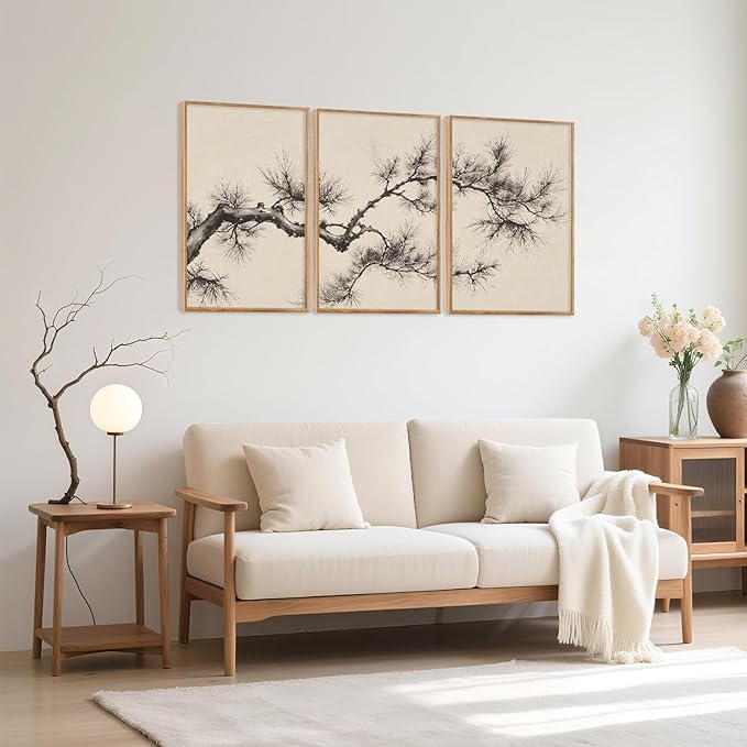 HPNIUB Vintage Sketch Pine Tree Framed Canvas Wall Art Set, Brown Antique Tree Branch Wall Decor, Nature Botanical Art Print, Modern Landscape Pictures for Living Room, Bedroom, Office- 16 x24 x3