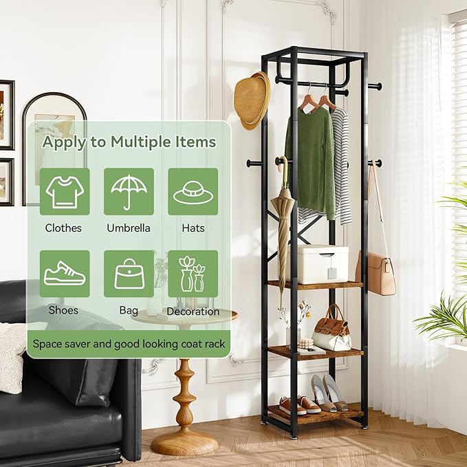 IBUYKE Coat Rack with Shelves, Freestanding Hall Tree with 3 Shelves and 8 Hooks, Industrial Clothes Stand for Entryway, Hallway, Bedroom, Rustic Brown UTMJ088H