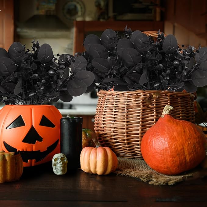 40 Pcs Artificial Black Eucalyptus Stems, Fake Eucalyptus Leaves Branches Bouquet for Flower Arrangement DIY, Black Silk Flowers for Home Halloween Farmhouse Decor