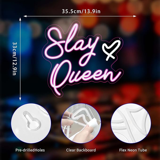 Slay Queen Neon Sign, Neon Signs for Wall Decor Neon LED Signs Room Neon Light Up Signs Home Decor for Bedroom Club Party Bar Shop USB Operated