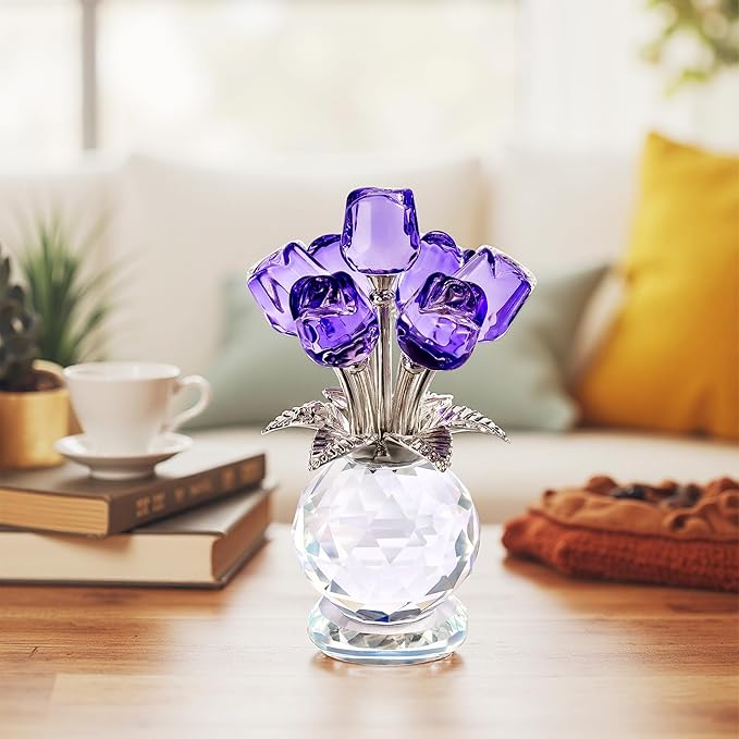 Crystal Purple Rose Figurines Crystal Rose Flowers Gifts for Women Glass Flower Ornament for Christmas