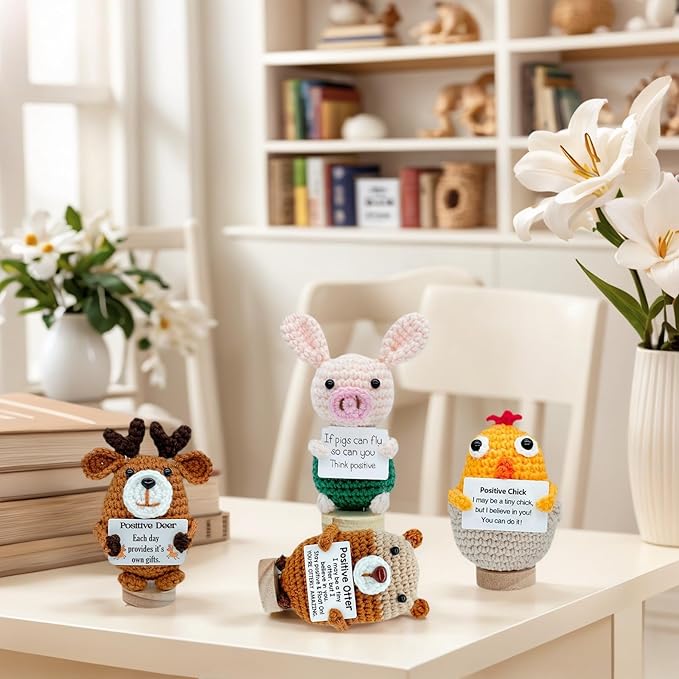 5 PCS Emotional Support Positive Chick, Deer, Otter, Pig, Bear, Stress Relieving Handmade Crochet Animals, Collectible Dolls Decorative Gifts for Friends and Family