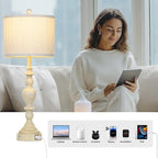 27" Vintage Farmhouse Table Lamps for Living Room Set of 2, Rustic Nightstand Lamps with USB C+A Ports, 3-Way Dimmable Retro Bedside Lamps for Bedroom Office 2 LED Bulbs Included Washed Antique Beige