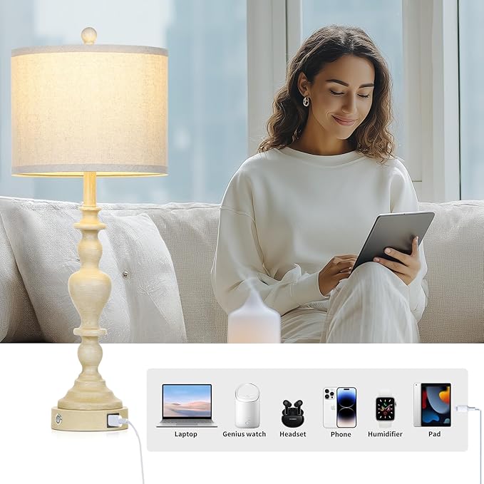 27" Vintage Farmhouse Table Lamps for Living Room Set of 2, Rustic Nightstand Lamps with USB C+A Ports, 3-Way Dimmable Retro Bedside Lamps for Bedroom Office 2 LED Bulbs Included Washed Antique Beige
