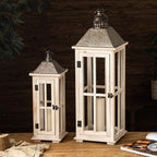 TIMRIS Large Rustic Wooden Decorative Lantern Set of 2, Modern Farmhouse Distressed Whitewash Floor Candle Lanterns, Indoor/Outdoor Hanging Lanterns for Home Decor (No Glass)