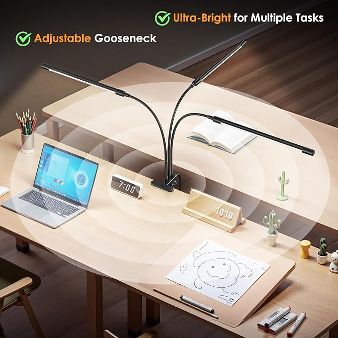 ShineTech 3-Head LED Desk Lamp with Clamp, Eye-Caring Clip-on Light for Home Office, 4 Color Modes & 6 Brightness Levels, 360° Flexible Gooseneck Desk Lights for Dorm Room, Reading, Nail, Black