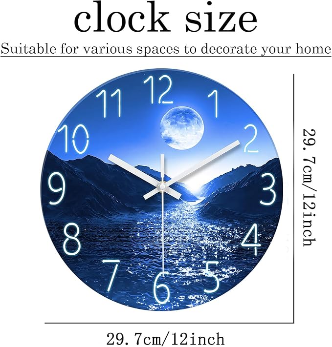 XFM Blue Moon Wall Clock Battery Operated 12 Inch Modern Silent Non Ticking Clock Decorative Wall Clocks for Kitchen Living Room Bedroom