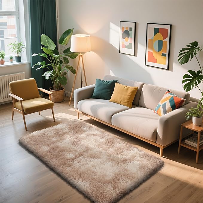 Shag Area Rug for Bedroom 3x5,Fluffy Area Rugs for Living Room,Soft Fuzzy Rug Non-Shedding Indoor Plush Carpet for Kids Bedroom Nursery Dorm Home Decor,Tie-Dyed Beige