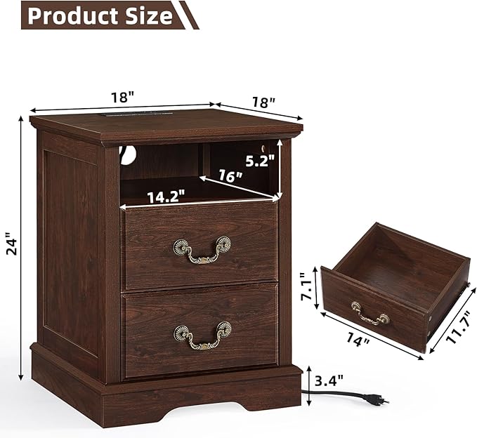 Farmhouse Nightstands with Charging Station，18" End Table with 2 Drawers，Farmhouse Nightstand with Vintage Handles, Bedside Cabinet for Bedroom for Bedroom, Living Room,Walnut