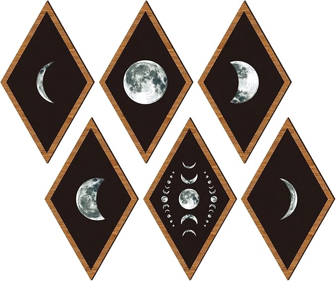 Sintuff 6 Pieces Halloween Gothic Wall Decor Boho Sun Moon Phases Wall Art Gothic Minimalist Stars Sun Hanging Wooden Home Decor Farmhouse Pediments for Gallery Living Bedroom Room(Moon)