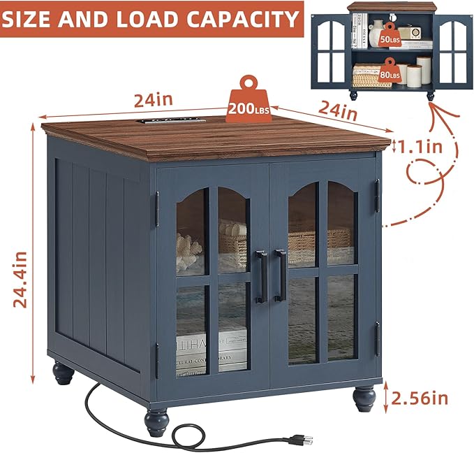 Farmhouse End Table Set of 2 with Charging Station, 18'' Narrow Side Table and 24" Large Sofa Side Table with Glass Barn Door Storage, Wood Night Stand Bedside Table for Living Room,Bedroom