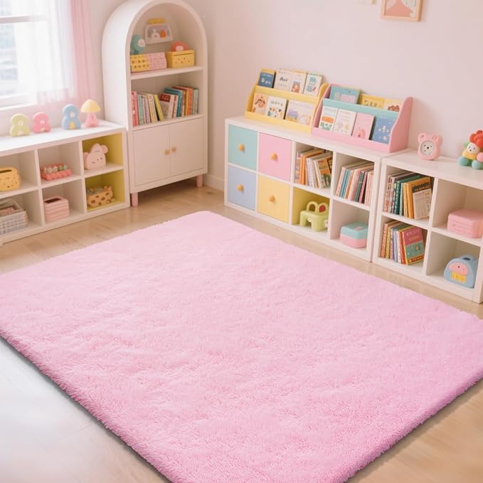 Pink Fluffy Rug Shaggy Area Rug, 8x10 Area Rugs for Girls Bedroom, Big Soft Shaggy Bedside Non-Slip Plush Dorm Nursery Kids Carpet Home Decor Aesthetic
