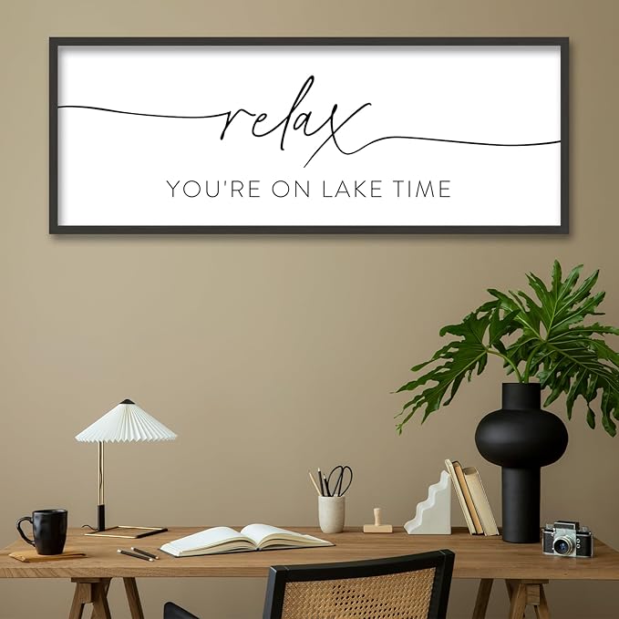 SRSZHIYUE Relax You're On Lake Time Wall Decor Above Bed Sign 32"×12" for Lake House Bedroom Over Bed Large Wood Framed Hanging Art (Black)