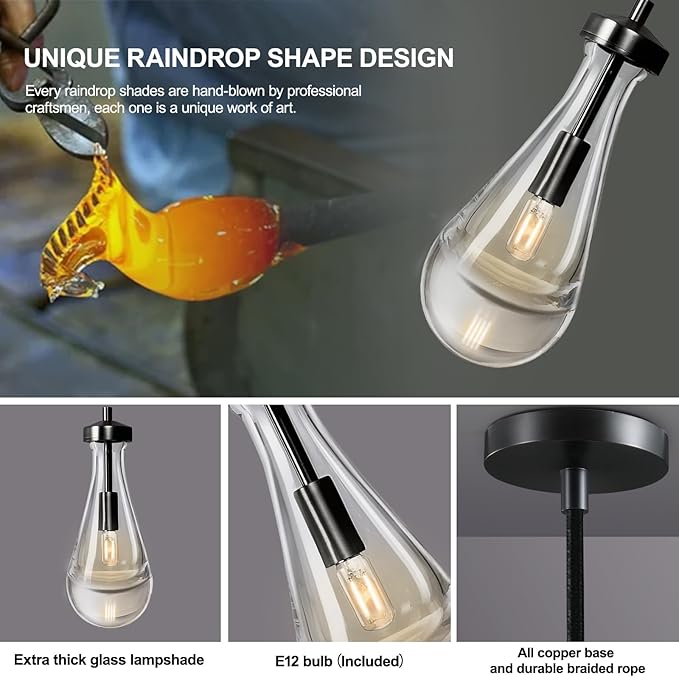 Modern Raindrop Pendant Lights, Pendant Lights for Kitchen Island, Black Brass Base Dining Room Light Fixtures, Interior Chandelier in The Living Room Hallway, Including Bulb