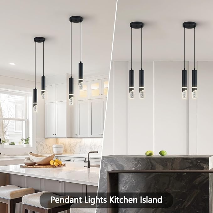 Modern Dimmable Led Pendant Lights Kitchen Island, Ideal for Living Room, Bedroom,Sink 12w LED Crystal Energy-Saving Hanging Lamp for Cozy Lighting (Black 2 Light)