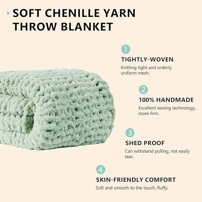 L'AGRATY Chunky Knit Blanket Throw: 60''x80'' Chenille Chunky Knitted Throw Blanket for Bed Couch - Handmade Thick Big Cable Knit Blanket - Large Crochet Rope Blanket for Home Decor(Milky Green)