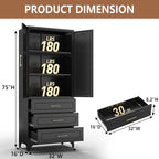 Kitchen Pantry Cabinet, 75" Tall Pantry Cabinet with Three Drawers, Freestanding Food Cupboard with Doors and Shelves, Metal Storage Cabinets for Dining, Living Room, Black, Assembly Required