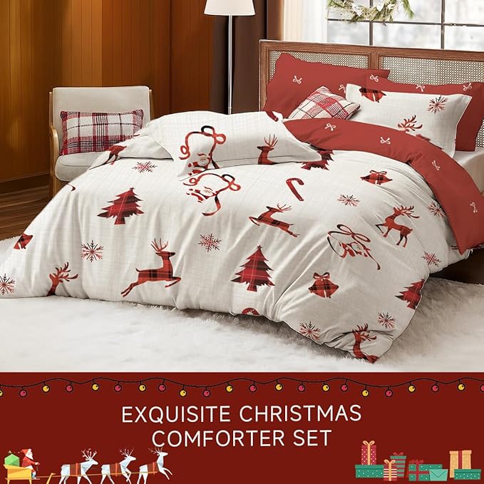 Christmas Comforter Set Twin Size, Christmas Bed Set with Reindeer, Bows and Santa Claus Snowflakes Bells Bedding for Holiday, 2 Pieces 1 Reversible Comforter and 1 Pillowcase