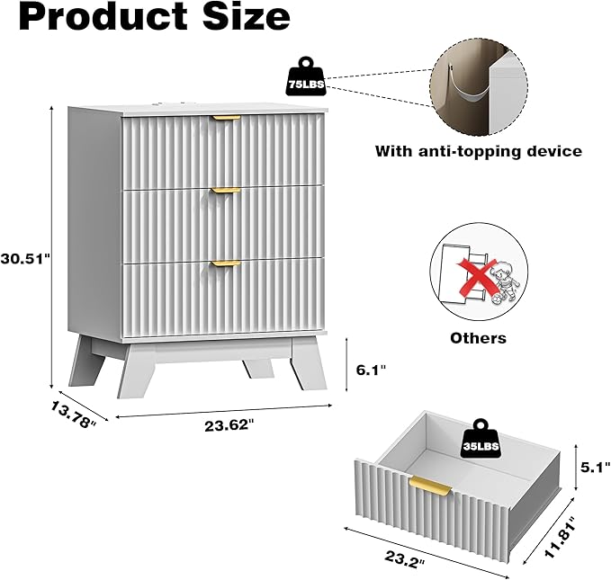 Fluted Nightstand with Charging Station, 24" Wide Bedside Table with 3 Large Storage Drawers, Modern Wood Side Table Night Stand, End Table Small Dresser for Bedroom, Living Room, Dorm, White