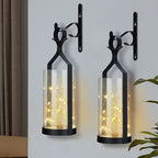 Metal Wall Sconce 35 Led Lantern Set of 2 - Black Wall Mounted Hanging Holder with Glass & Candles Vintage Wall Decor for Porch, Living Room, Dining Room, Bedroom Indoor Decor
