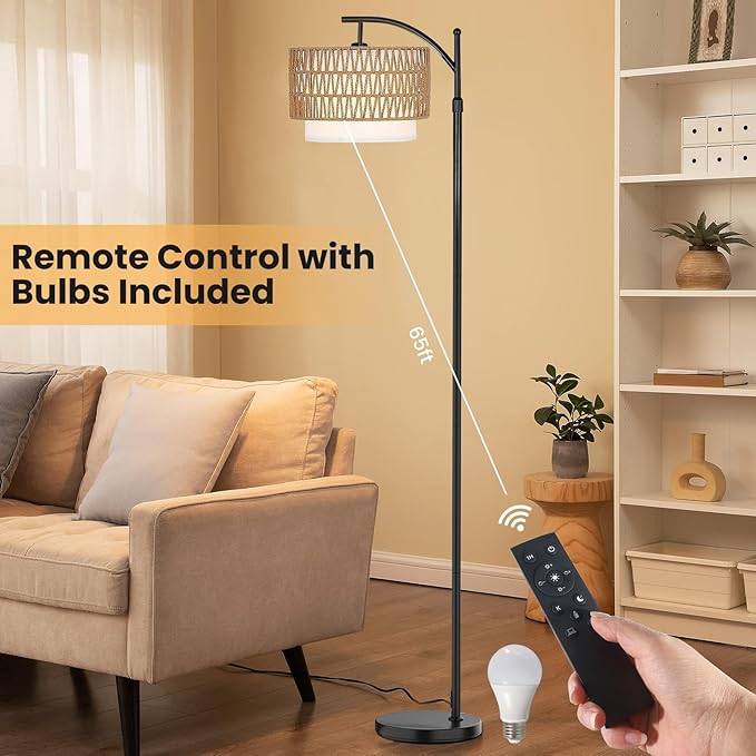 Arc Floor Lamp for Living Room,Farmhouse Floor Lamps with Remote Control & Dimmable Bulb,Rattan Boho Tall Standing Lamp for Bedroom Office