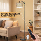 Arc Floor Lamp for Living Room,Farmhouse Floor Lamps with Remote Control & Dimmable Bulb,Rattan Boho Tall Standing Lamp for Bedroom Office