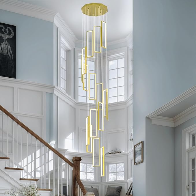 Modern Adjustable Height Pendant Light Fixture Gold 288W LED Pendant Lights 16 Rings Rectangular Chandelier Staircase Large Chandelier Lobby Living Room Foyer High Ceiling Chandeliers