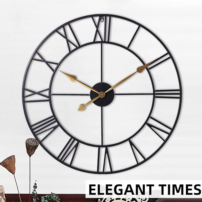 INFINITY TIME 30 Inch Wall Clocks for Living Room Decor, Oversized Modern Black Metal Roman Numeral Wall Clock Decorative(Gold Hands)