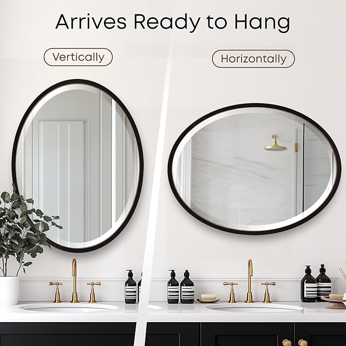 OVALCREST - Oval Wooden Beveled Wall Mirror for Home Decor, Bathroom, Vanity, Bedroom, Living Room, Hallway - London Style (Rubbed Black) 21.1 x 31.1