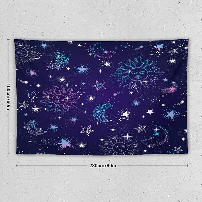 HZOHNAGO Boho Sun Moon Tapestry Purple Blue Sun Stars Galaxy Pattern Printed Wall Tapestry Wall Hanging for Bedroom Living Room Dorm 90" W x 60" H