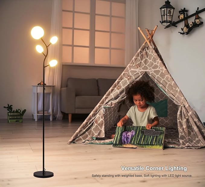 Fiqevs 4 Globe Floor Lamp with 2700K Warm Light LED Bulbs Included, Mid Century Modern Tree Standing Lamp with Frosted Glass Shade, Arc Torch Tall Lamp for Living Room, Bedroom, Office, Matt Black