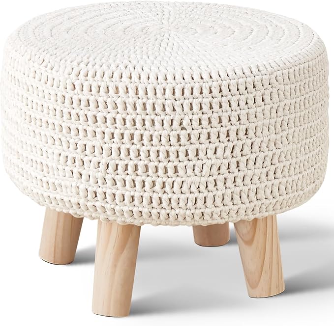 Wimarsbon Pouf Ottoman, 100% Cotton Knitted Boho Footstool, Round Footrest with Non-Skid Wood Legs, Home Décor Handmade Pouffe, Leisure Floor Step Stool for Living Room (Beige)