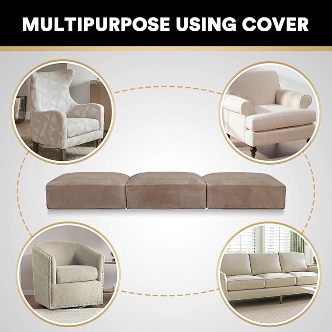 PrinceDeco Velvet Stretch Couch Cushion Cover Soft Cushion Slipcover for Chair Loveseat Sofa Furniture Protector Seat Cushion Sofa Cover (Each Width Up to 29.5", Taupe)