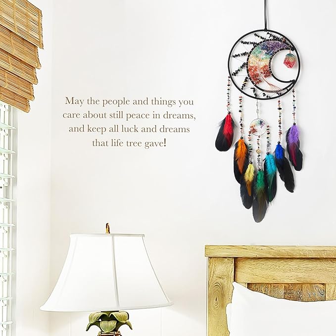 7 Chakras Black Dream Catchers Tree of Life Dream Catcher Rainbow Feather Dreamcatcher Wall Decor with Healing Crystal & Fluorite Wall Art Hanging for Bedroom Home Decor Bless Gift Wedding Garden