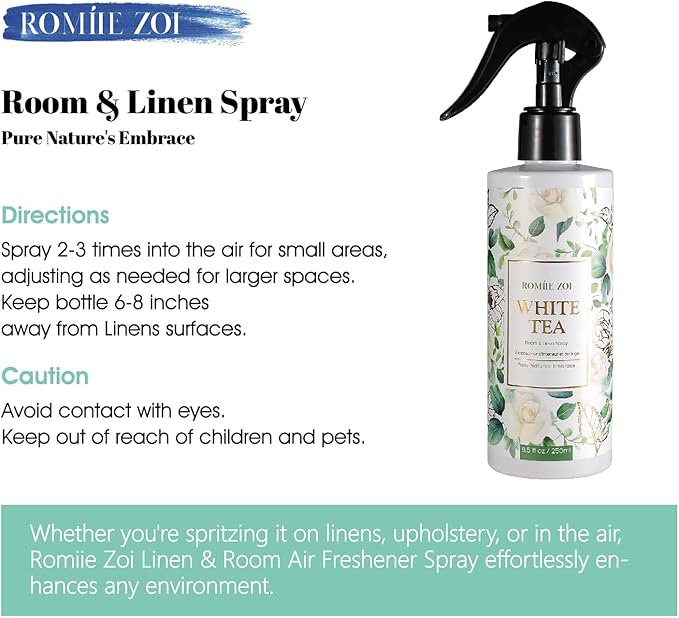 ROMIIE ZOI Room Spray Air Freshener Scented White Tea with Natural Plant Extract Room Fabric Spray for Home Fragrance linen Spray air Freshener - 8.5 FL OZ