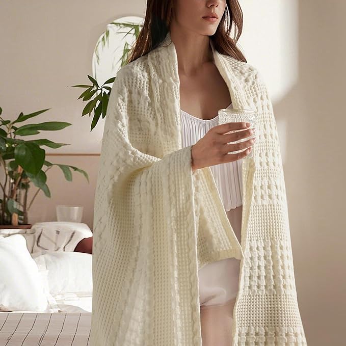 PHF 100% Cotton Waffle Weave Throw Blanket, Soft Lightweight Breathable Cozy Summer Throws for Couch Bed Sofa, Luxury Aesthetic Woven Blanket for Home Decor & Office, 50"x60", Cannoli Cream
