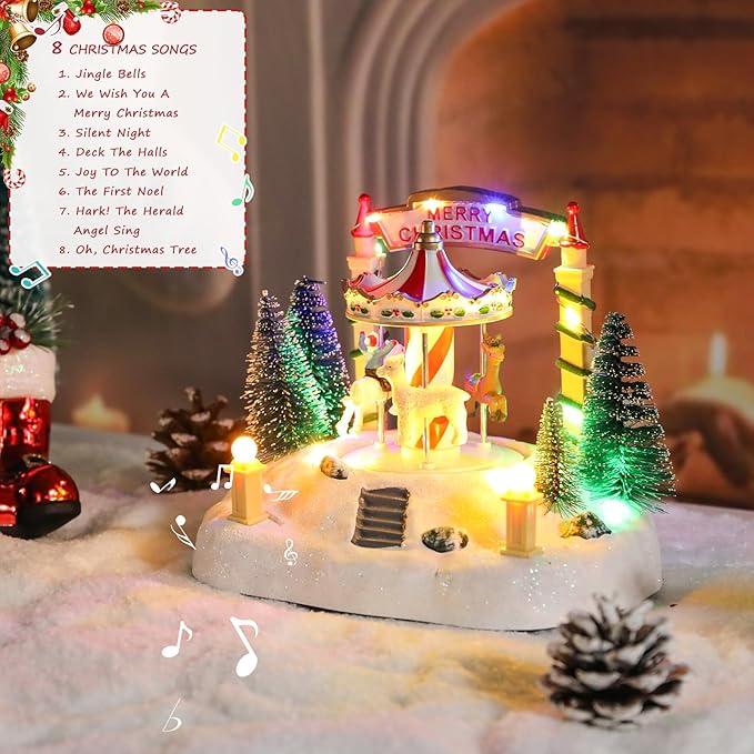 Bdor Christmas Carousel Tabletop Decoration – Lighted Musical Merry-Go-Round with Reindeer and Trees – Battery Operated Christmas Scene – 7.5"x5.5"x6" Holiday Centerpiece with LED Lights and Music