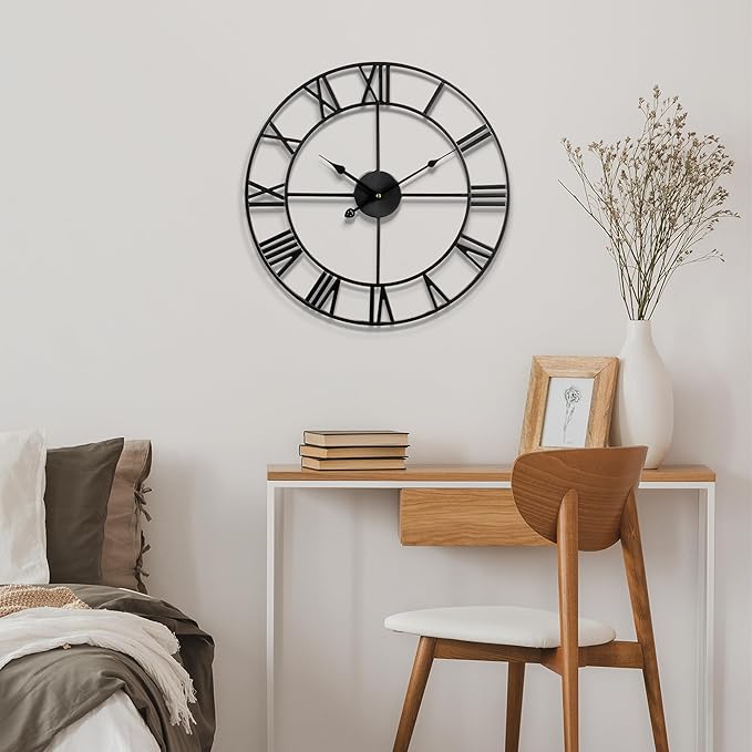 1st owned 16 inch Wall Clock - Metal Retro Roman Numeral Wall Clock, Almost Silent, Easy to Read for Living Room Decor/Home/Kitchen/Bedroom/Office/School(Black)