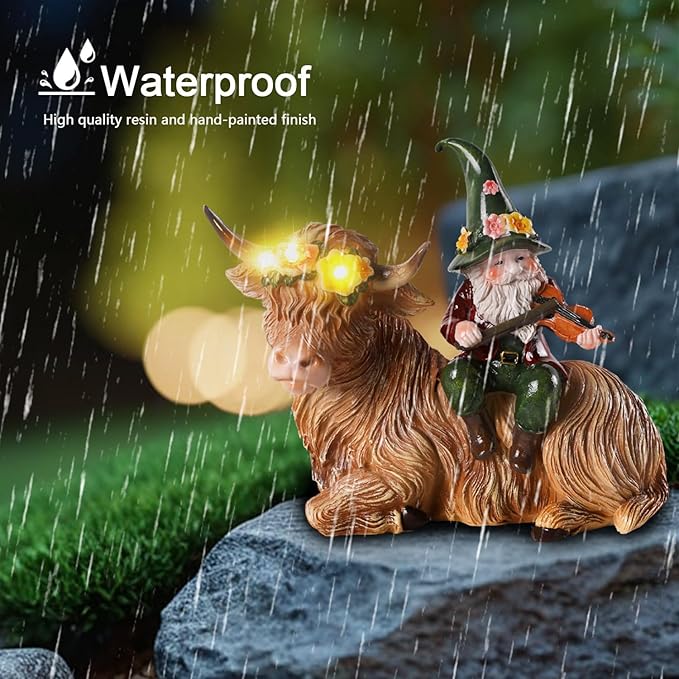 Solar Highland Cow Figurines for Garden with Gnome Playing The Violin 6.7" Resin Garden Gnomes Outdoor Patio Yard Lawn Porch Decor Birthday Housewarming Gifts for Women Mom Grandma Wife Sister Friend
