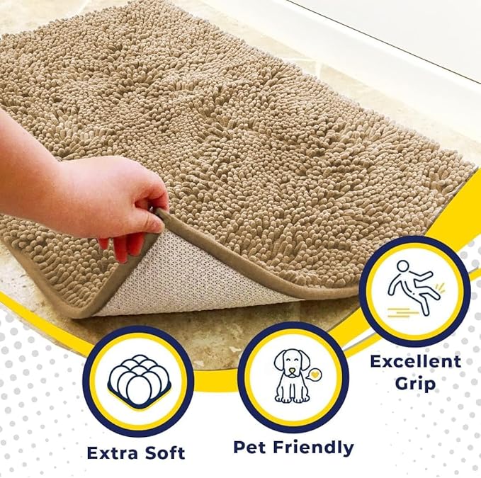 Muddy Mat® 4-Piece Beige Medium 30"X19" AS-SEEN-ON-TV Highly Absorbent Microfiber Door Mat, Bath Mat and Pet Rug, Non slip Thick Washable, Soft Chenille for Kitchen Bathroom Bedroom Indoor and Outdoor