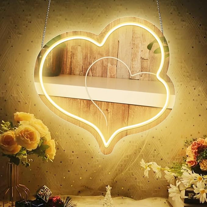 Warm White Heart Acrylic Mirror Neon Signs,Dimmable Heart Shaped Mirror with Neon LED Lights,USB Powered Neon Sign Wall Decor Art Neon Light For bedroom,Family,Wedding,Bar,Party Decor