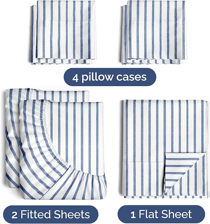 Split King Sheets Set 7 Piece - Includes 4 Pillowcases - Bed Sheets Split King - Soft Hotel Luxury Bedding - Cooling and Breathable - 1 Flat & 2 Fitted & 4 Pillowcases w/ Deep Pockets - Blue Stripes