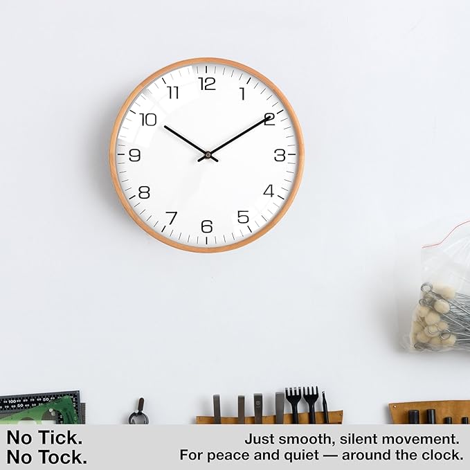 Driini Analog Dome Glass Wall Clock (12") - Wood Frame with White, Modern Face - Battery Operated with Non Ticking Hands - Large Decorative Clocks for Classroom, Office, Living Room, or Bedrooms.